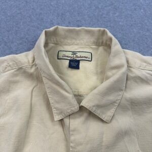 Tommy Bahama Silk Camp Shirt Button Up Short Sleeve‎ Tropical Beige L Embordered